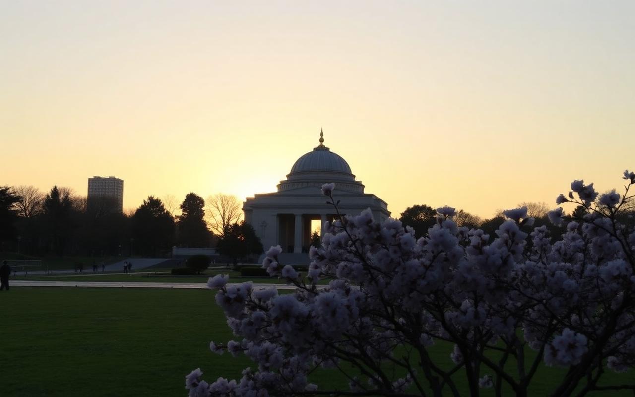 Parque Memorial da Paz de Hiroshima ao entardecer com cerejeiras em flor
