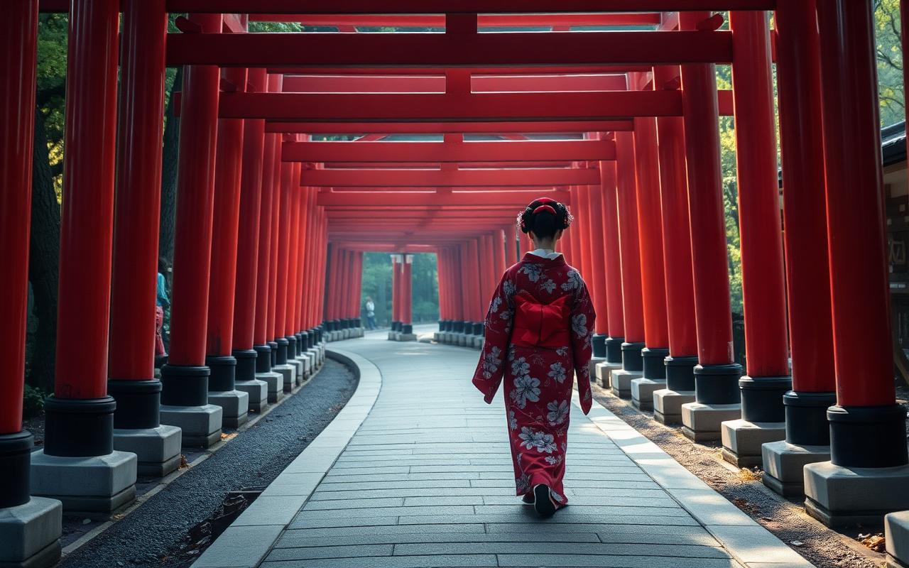 Caminho de toriis vermelhos em Fushimi Inari com mulher de quimono