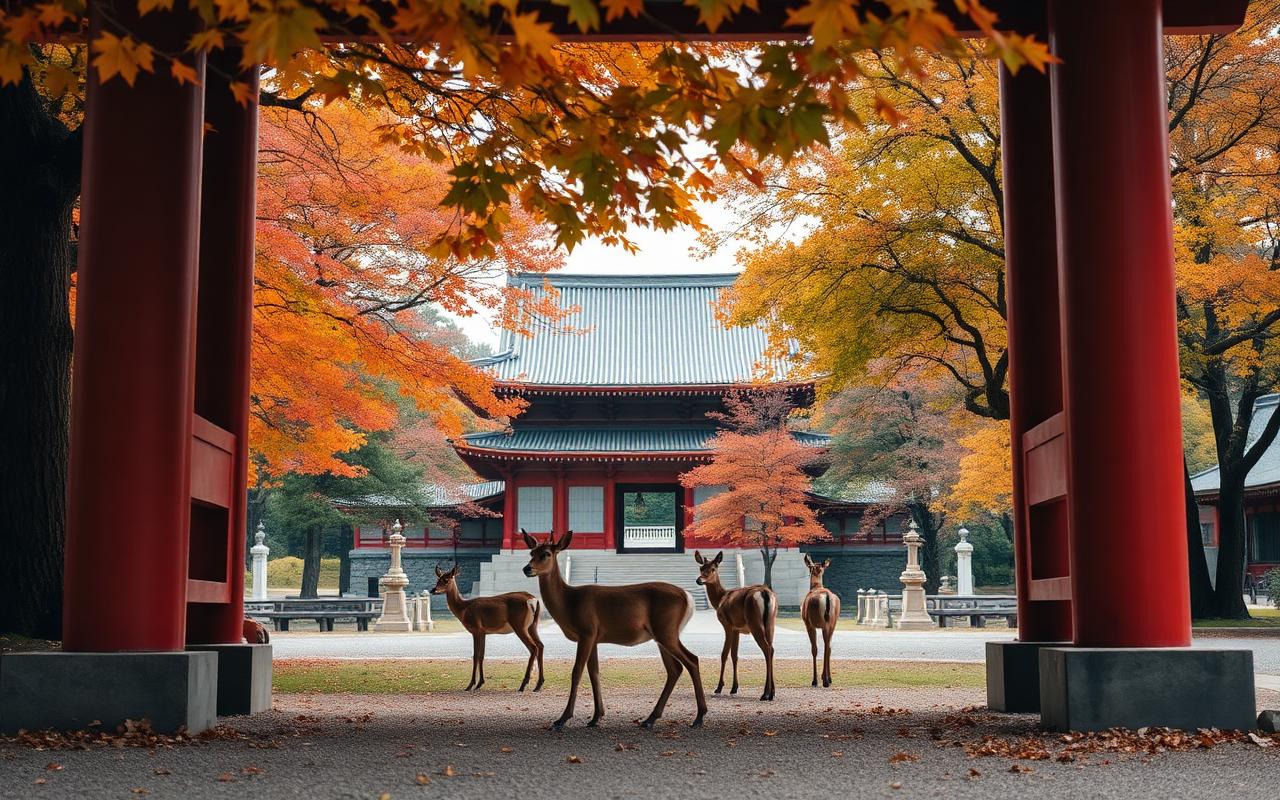Cervos sika sob torii vermelho no Parque de Nara em meio às folhagens de outono