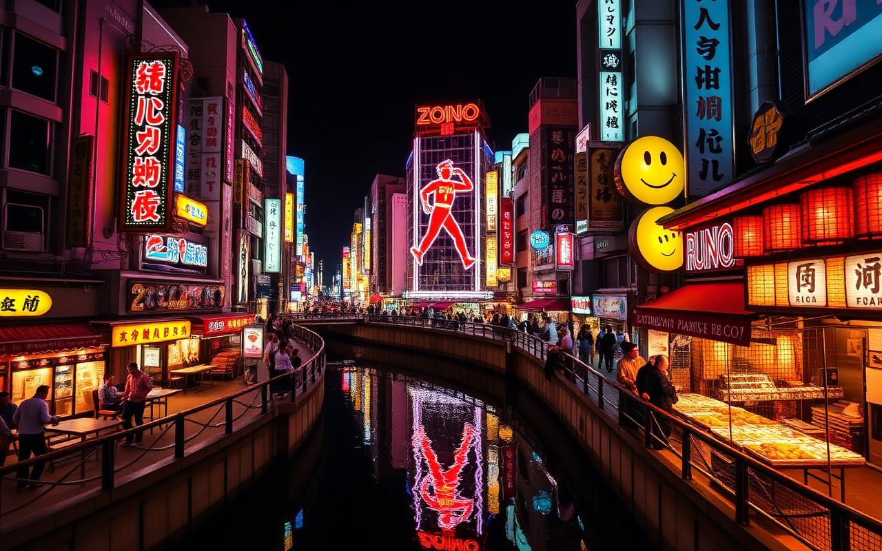 Dotonbori em Osaka à noite com letreiros de neon e o letreiro Glico