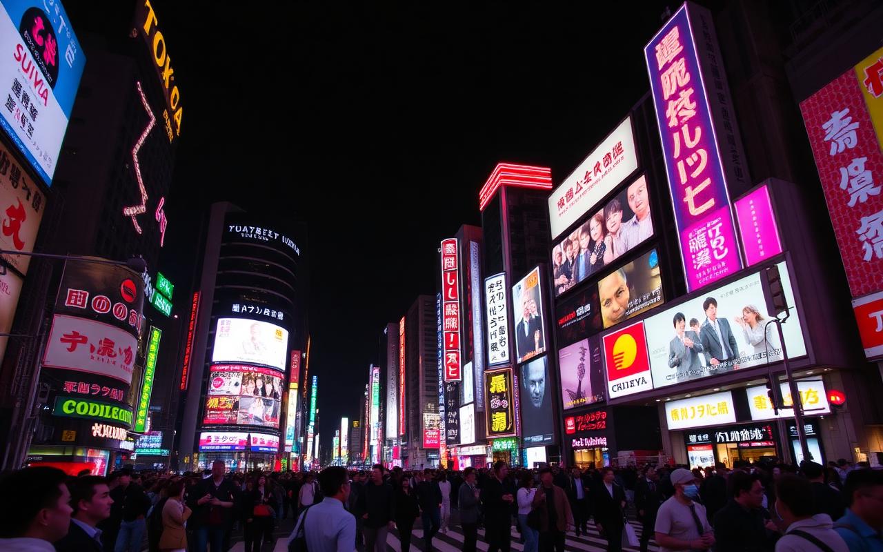 Cruzamento de Shibuya em Tóquio à noite com letreiros de neon e multidão