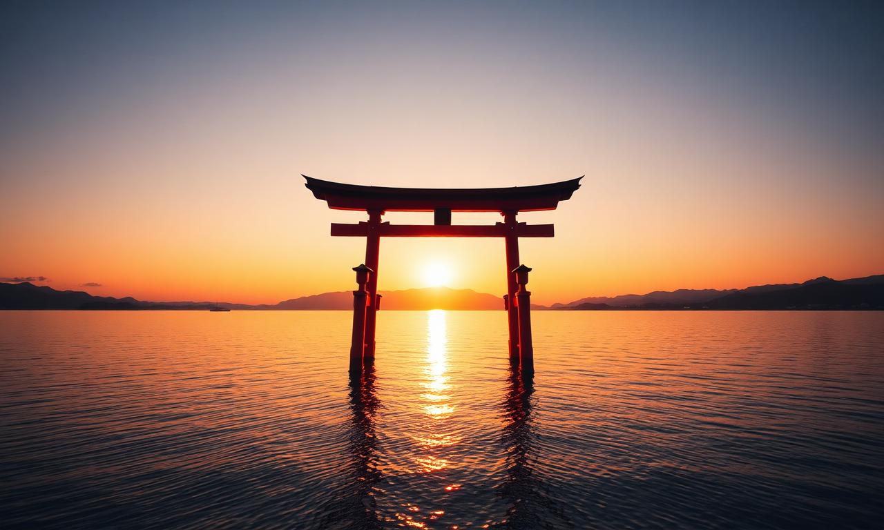 Torii vermelho ao pôr do sol
